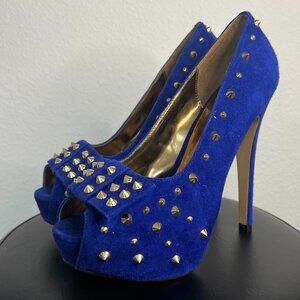 TOPSHOP Blue Suede Platform Peeptoe Gold Spiked Pumps Size 9 Like New High Heels